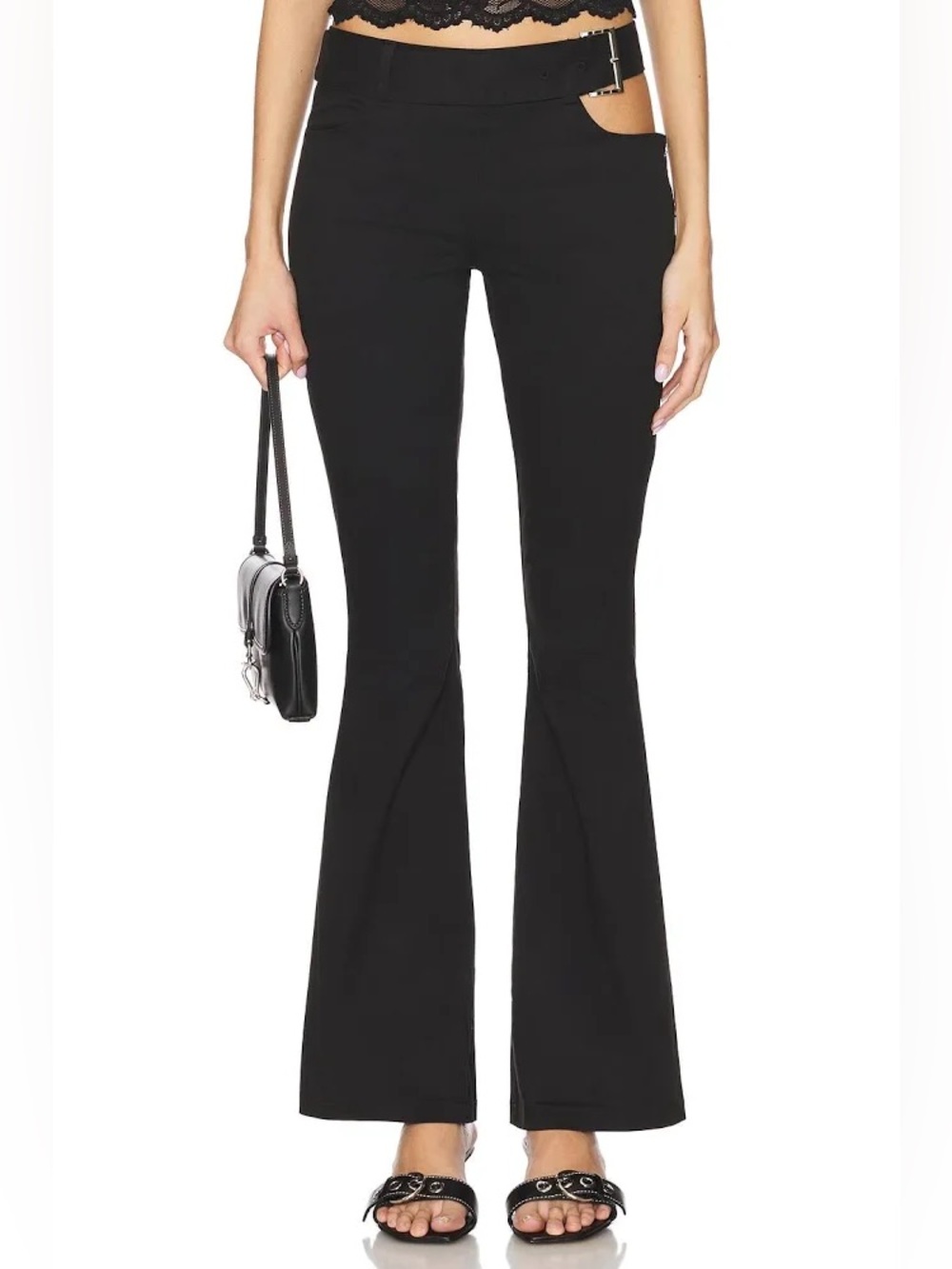 Lioness Women's Yves Flare Pant Size XXS Y2K Onyx Black Cut-Out Buckle Waist NWT